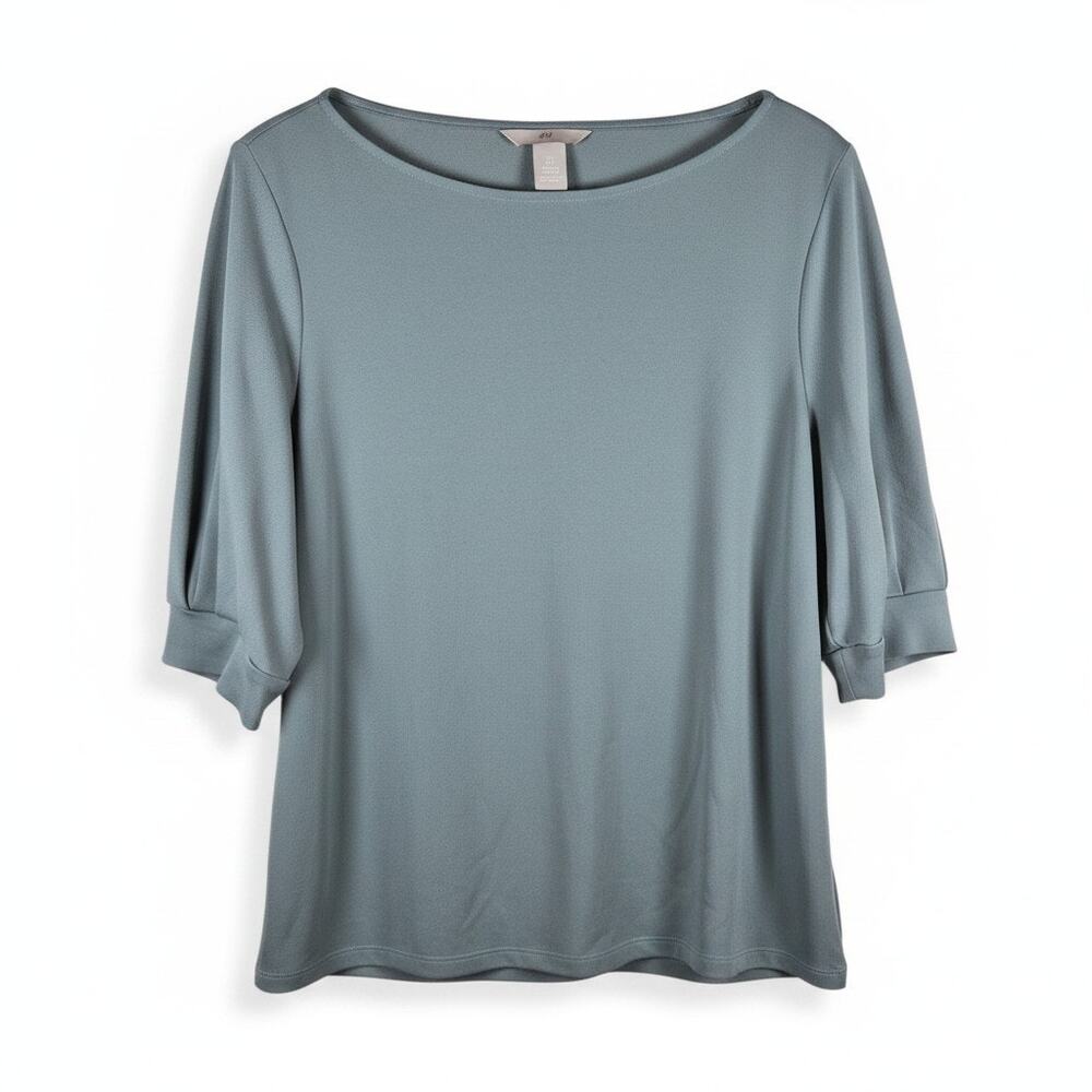 HM Boatneck Blouse Puff Short Sleeve Fine Knit Top Slate Blue L Minimalist Work